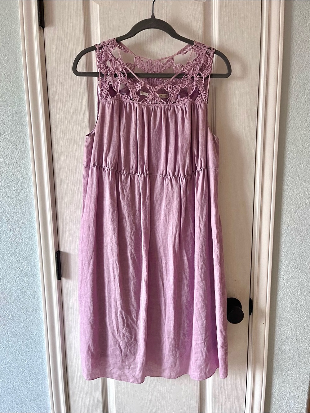 Max Studio Lavender Crochet Yoke Linen Dress Babydoll Empire